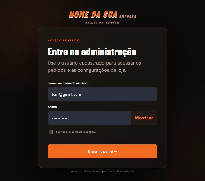 Tela real de acesso administrativo